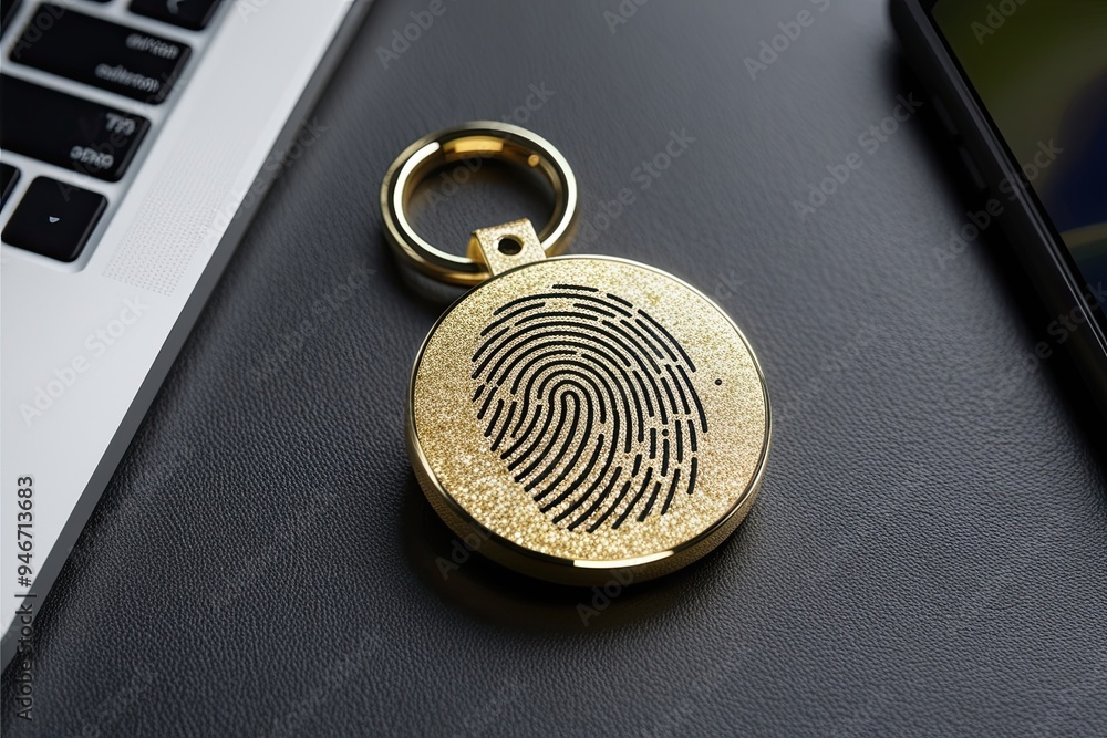 Poster innovative gold security token featuring digital fingerprint technology for enhanced access control 
