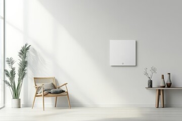 Bright minimalist room with a large window, a blank white frame on the wall