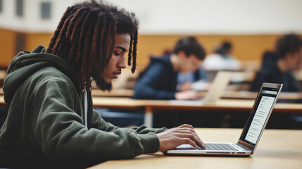 Focused student using a laptop in a classroom setting
