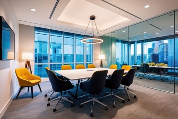 Fototapeta premium Contemporary Meeting Room Featuring Chic Furnishings and Vibrant Interior Design in a Glass Office Environment