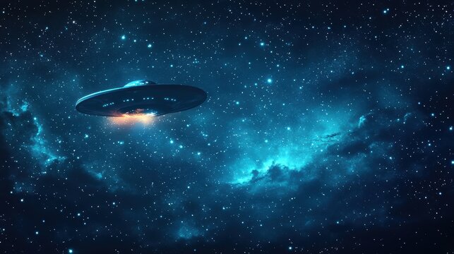 space-themed banner, celebrate ufo world day with a banner showcasing a spaceship soaring in a star-studded night sky on a dark blue backdrop - Powered by Adobe