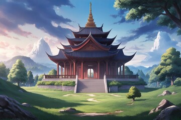 Enchanting Anime Temple Scene with Peaceful Scenic Landscape
