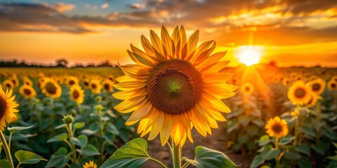 Obraz premium Sunflower Field Golden Hour, sunflower, field, sunset, golden hour