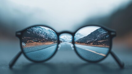 This creative image artistically captures the clear vision of a mountain roadway through a pair of eyeglasses, emphasizing clarity, perspective, and the beauty of nature.