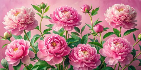 Pink Peonies with Green Leaves and Buds on a Light Pink Background, Floral, Flower, Peony