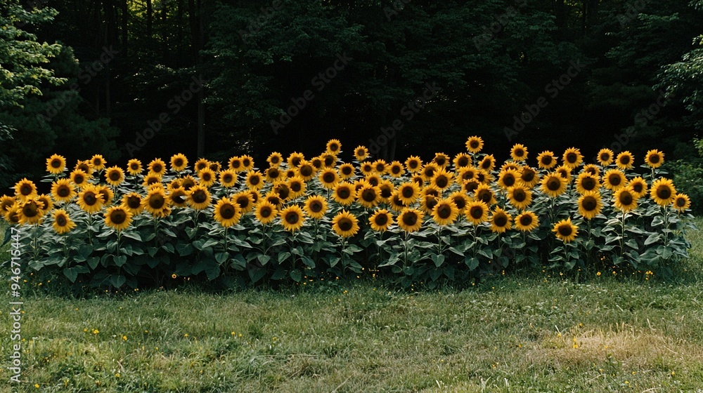 Sticker   Sunflowers in field with forest background