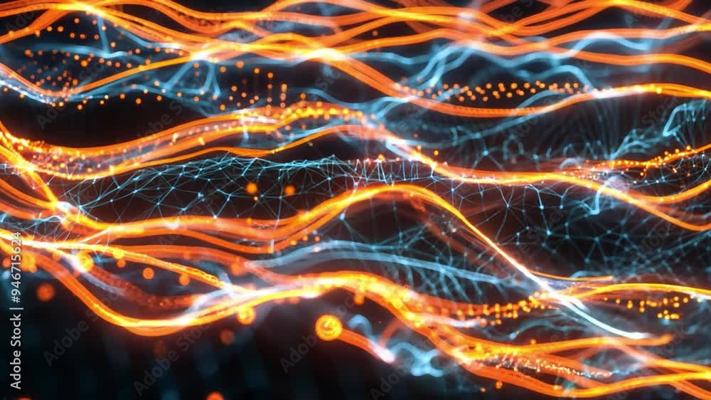 Poster dynamic dark mesh waves highlighted with orange neon light lines, creating ethereal digital landscap