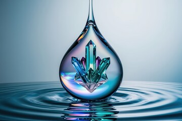 Fototapeta premium Mesmerizing Three Dimensional Geometric Crystal Structure Inside Iridescent Water Droplet with Vibrant Colors and Luminous Effects on Gradient Blue Background