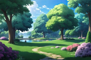 Fototapeta premium Tranquil Anime Park Landscape Background for a Peaceful Scenic View