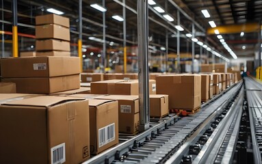 A retail warehouse filled with shelves of cartons, pallets, and forklifts in motion. The blurred background highlights the busy logistics and transportation activities typical of a product distributio