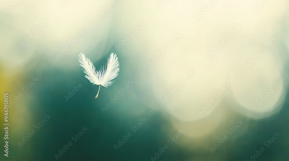 Sticker   A white feather floats on a blurred green-yellow backdrop with trees in the background