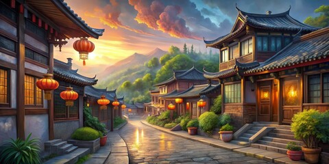 Obraz premium Tranquil Chinese Village Street at Sunset, Digital Painting, Traditional Architecture, Lanterns, Mountains, China, Asian