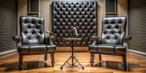 Two Black Leather Chairs Facing Each Other In A Studio, microphones, table, hardwood floor, recording, podcast, interview