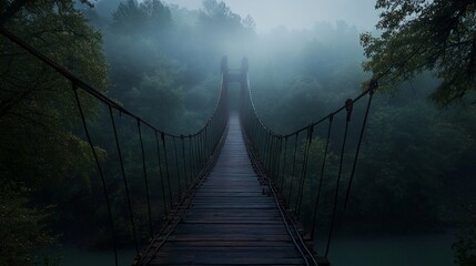 Fototapeta premium A mysterious bridge stretches over a foggy landscape. The scene evokes a sense of adventure and exploration. Ideal for nature lovers and photographers. Captivating and serene atmosphere. AI