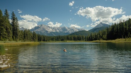 A Person Swimming in a Mountain Lake