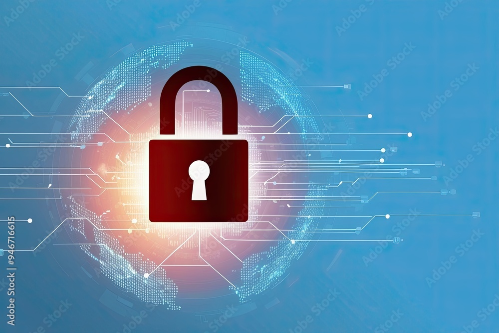 Poster abstract cyber security concept with padlock icon and network data on light blue background