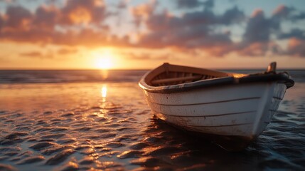 Fototapeta premium A small boat is seen on the sandy shore during sunset, with the water reflecting the golden hues of the sky. The composition conveys tranquility and natural beauty.