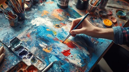 Obraz premium A person relaxing and engaging in a creative hobby, with materials and tools at hand