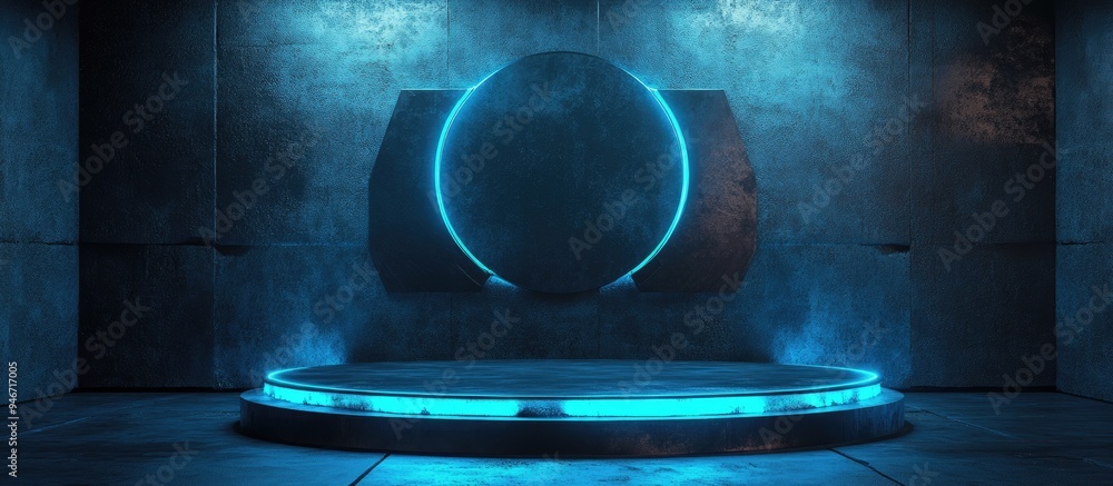 Aufkleber modern grunge cyberpunk stage with empty product display featuring glossy concrete background and de