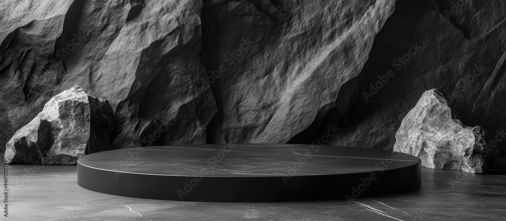 Poster black geometric stone and rock texture background minimalist mockup for podium presentation or displ