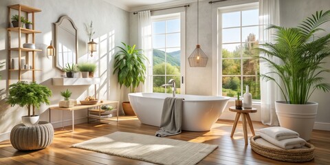 Relaxing Bathroom with Freestanding Tub, Natural Light, and Greenery, bathroom design, interior design, freestanding tub