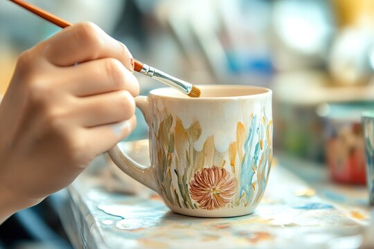 Hand painting floral design on ceramic mug