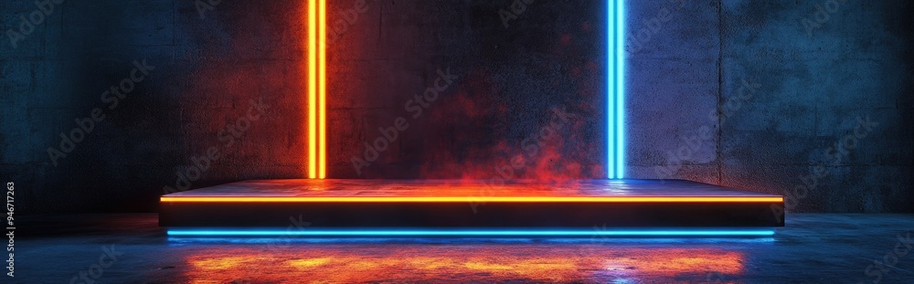 Poster futuristic sci fi rectangular stage podium with neon laser lights in vibrant orange and blue set aga