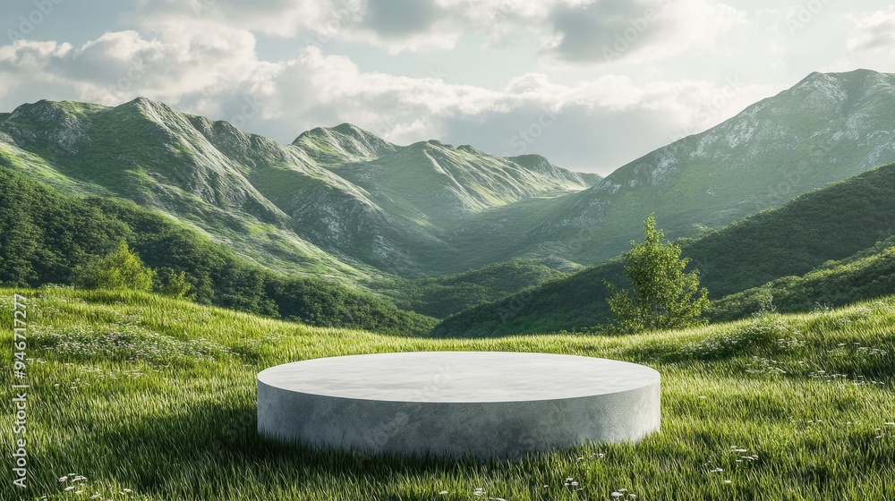 Poster Abstract natural landscape featuring a podium for product presentation set against a grassy mountain backdrop 3D rendering