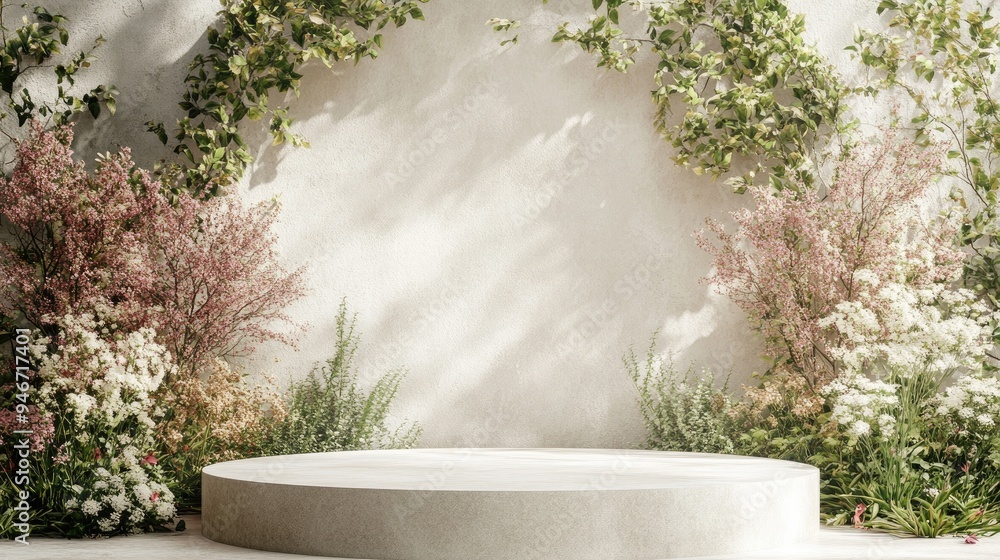 Aufkleber natural beauty podium background for product showcasing with an abstract garden setting 3d rendering