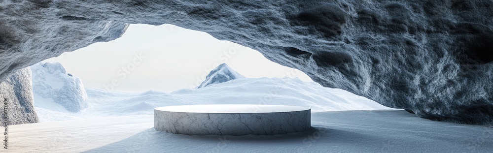 Poster abstract 3d render of a winter scene featuring a natural stone podium set in a snowy mountain cave i