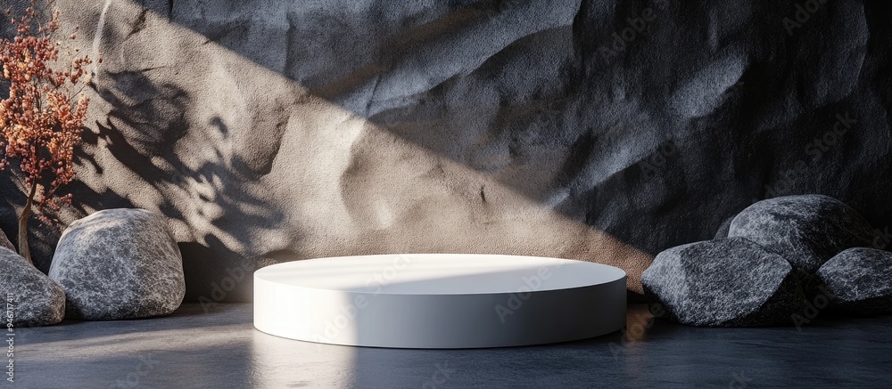 Poster White podium surrounded by dark stones in a dimly lit space casting shadows on the wall 3D rendering for product showcase
