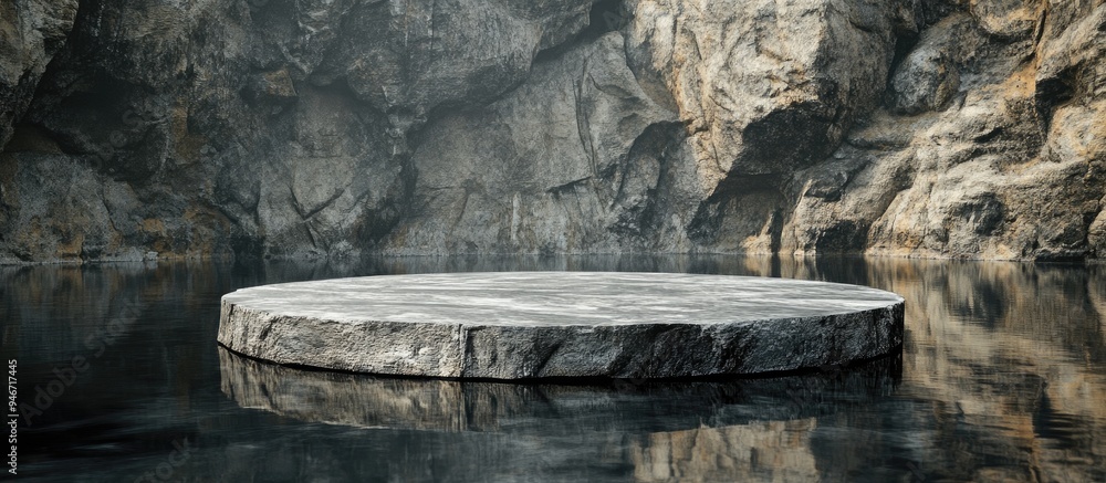 Poster Rough stone platform with water reflection 3D rendering Digital artwork