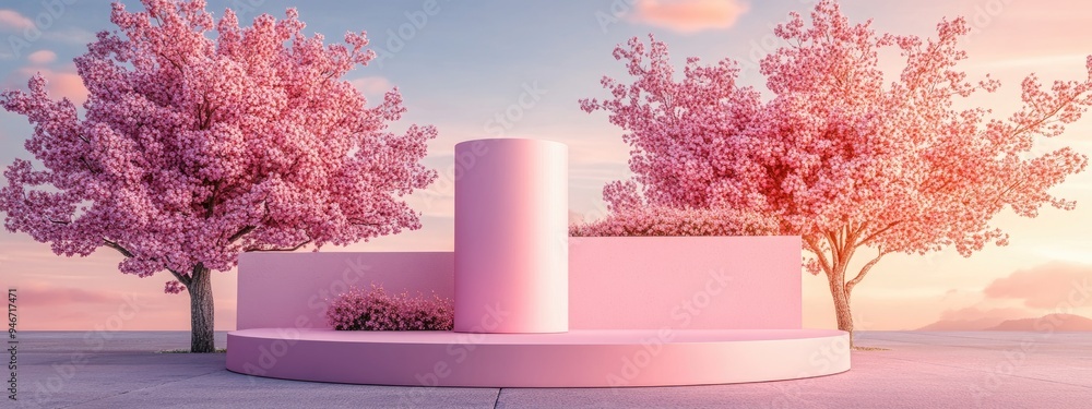 Canvas Prints Minimalist pink cylinder product podium display with a cherry blossom tree in a garden setting Concept of technology and products 3D illustration rendering