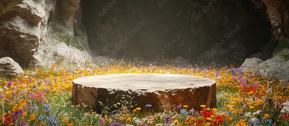 Poster Abstract 3D rendered spring scene featuring a stone podium surrounded by a vibrant field of wildflowers set within a cave ideal for product display or mockup purposes