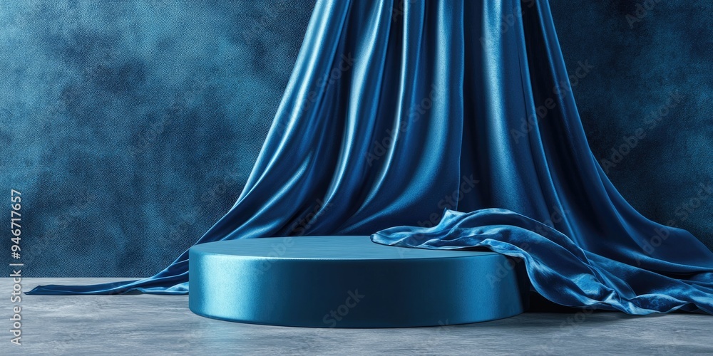 Aufkleber luxury cosmetic advertisement featuring realistic blue silk fabric with a box background ideal for p