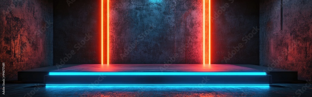 Poster futuristic sci fi rectangular stage podium with neon laser lights in vibrant orange and blue set aga