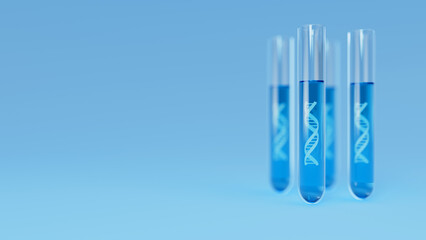 Close up of Test tubes with DNA double helix strand inside on blue background. science and biotechnology concept. 3d render illustration