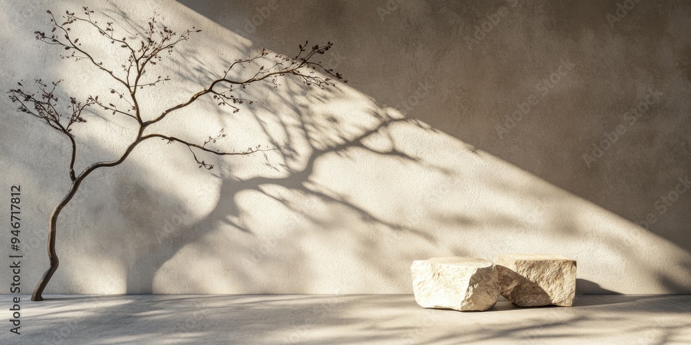Aufkleber abstract geometric arrangement featuring a branch and its shadow on a wall accompanied by a natural 