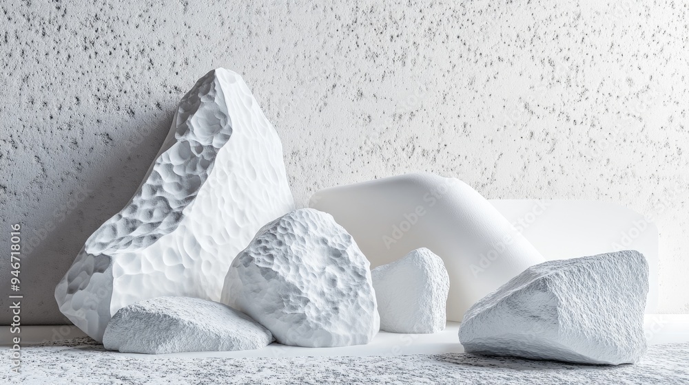 Poster Abstract white geometric background featuring stone and rock shapes ideal for product display in 3D render
