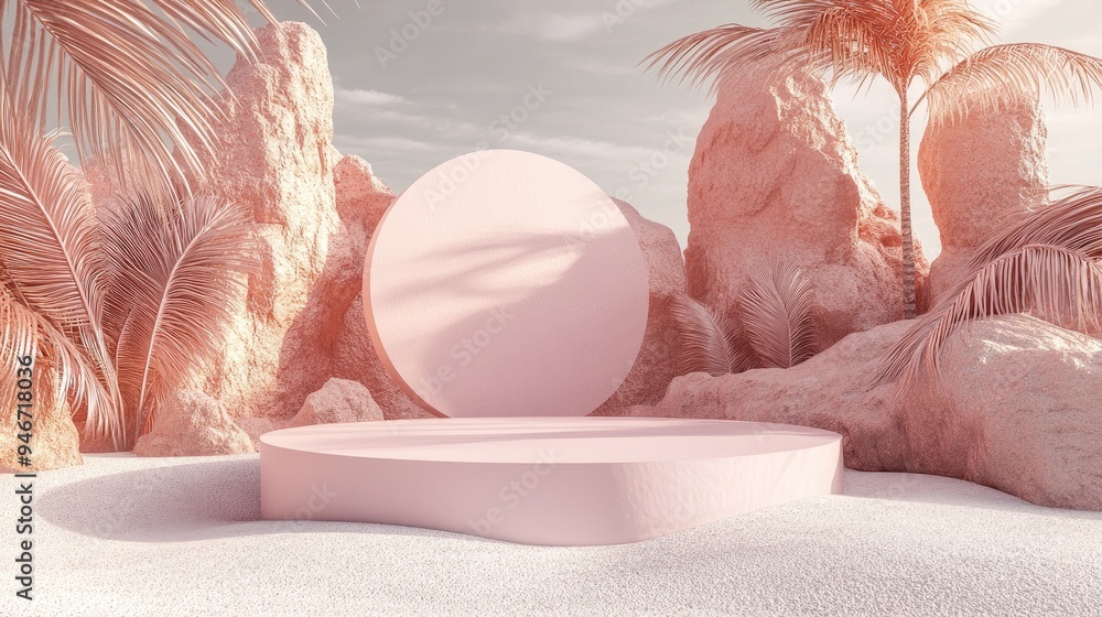 Poster abstract landscape featuring a podium designed for product presentation 3d rendering