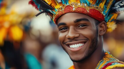 Brazilian man in vibrant feathered headdress smiling during a carnival
