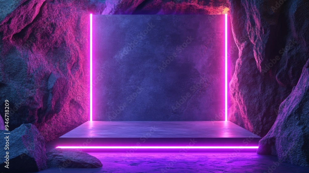 Aufkleber Abstract neon background featuring illuminated geometric shapes natural stone elements and a 3D podium render An empty showcase platform designed for presentations and advertising of technology pr