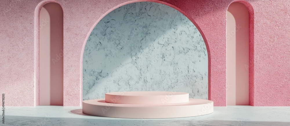 Poster Minimalist composition featuring a podium against an abstract backdrop Geometric shapes in pastel hues 3D rendering showcasing geometric forms and a textured background suitable for showcasing cos
