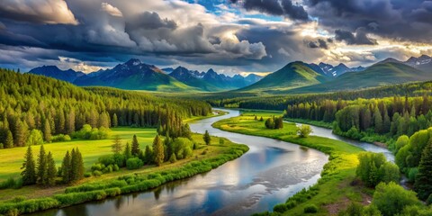 Serene River Winding Through Mountain Valley, Aerial Perspective, Lush Green Forest, Dramatic Clouds, Mountain Landscape, Nature, River