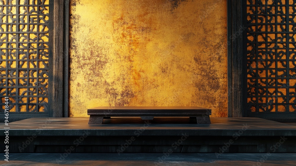 Poster Empty platform with traditional Asian background 3D rendering