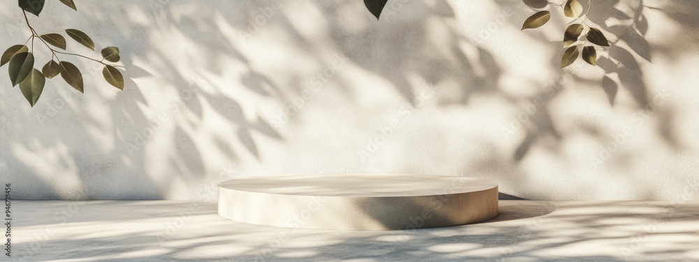 Poster minimal product placement with concrete background and leaf shadows on a white plaster wall 3d rende