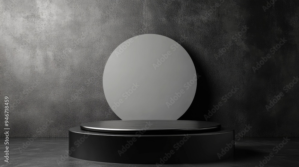 Poster fashion product display on a black podium with a blank backdrop 3d rendering