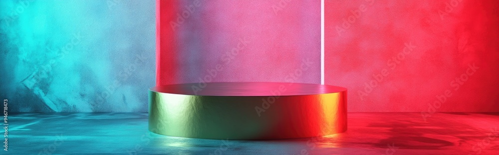 Aufkleber geometric shape mockup featuring gold and glass textures with a green podium for product design 3d r