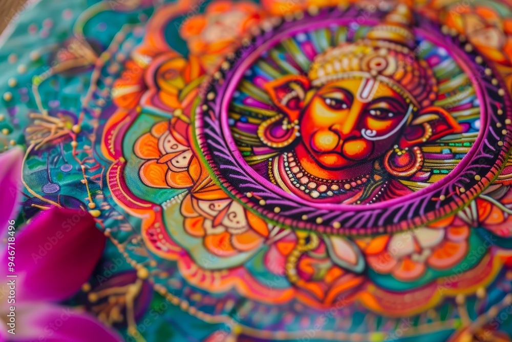 Poster design a colorful mandala featuring images of hanuman's many heroic deeds