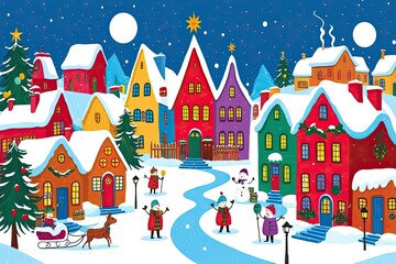 Fototapeta premium Whimsical Colorful Winter Village Illustration Capturing Joyful Holiday Spirit